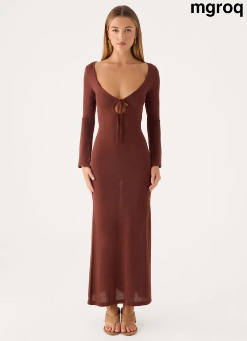 Amarise Knit Tie Front Maxi Dress - Chocolate - Maxi Dresses